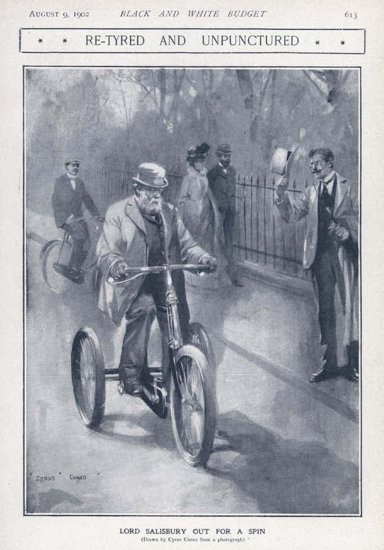 Político conservador inglés y primer ministro Lord Salisbury montando un triciclo de Cyrus Cuneo