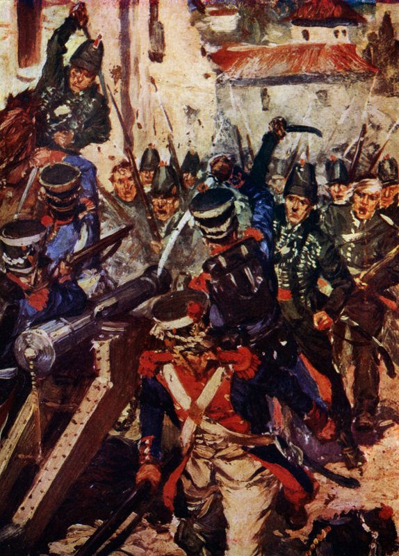 La Brigada de Fusileros despejando un pueblo (litografía en color) de Cyrus Cuneo