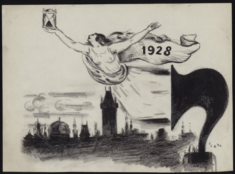 Figura femenina sosteniendo un reloj de arena sobre un contorno del horizonte de Praga de Czech School