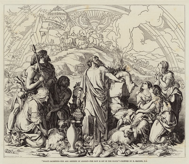 El sacrificio de Noé, el arca descansa en Ararat, el arco iris en la nube de Daniel Maclise