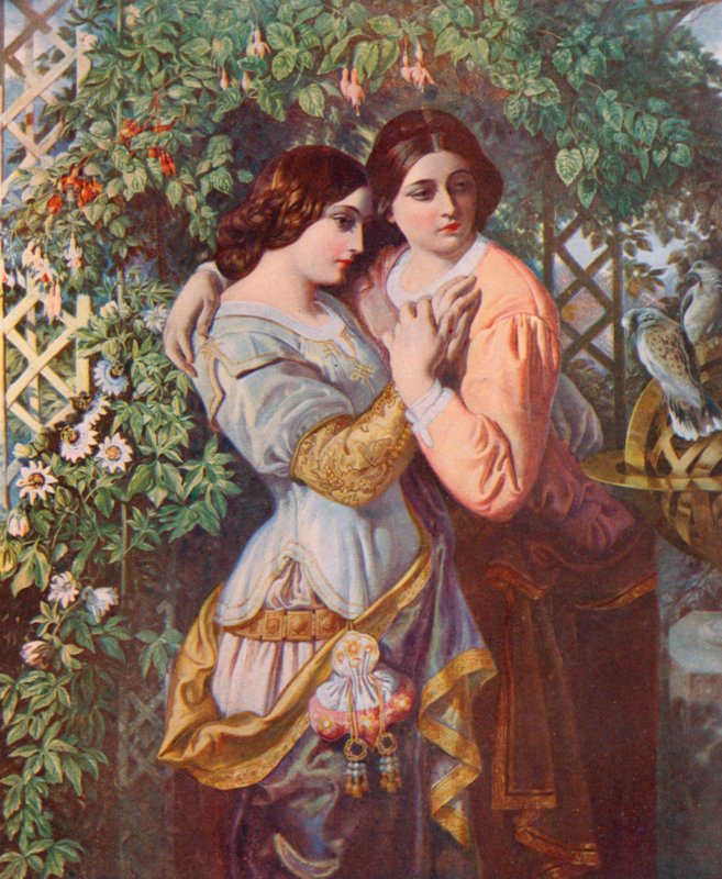 Shakespeare: Celia y Rosalind, Como gustéis, Acto I, Escena 3 (litografia en color) de Daniel (after) Maclise
