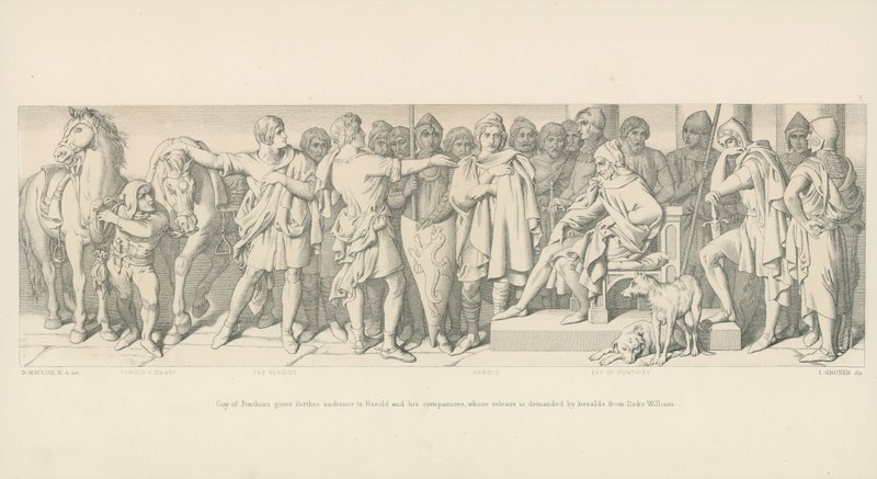 Guy de Ponthieu da más audiencia a Harold y sus compañeros, cuya liberación es demandada por heraldos del Duque Guillermo de Daniel Maclise