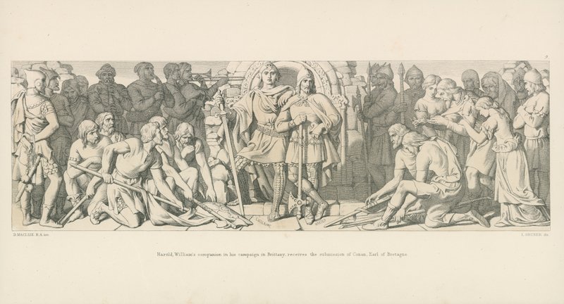 Harold, compañero de Guillermo en su campaña en Bretaña, recibe la sumisión de Conan, conde de Bretaña de Daniel Maclise