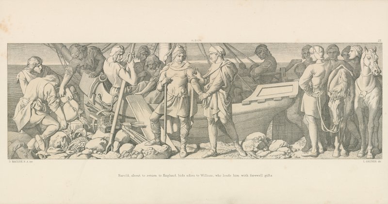 Harold, a punto de regresar a Inglaterra, se despide de William, quien lo carga con regalos de despedida de Daniel Maclise