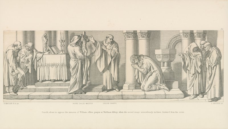 Harold, a punto de oponerse a la invasión de Guillermo, ofrece una oración en la Abadía de Waltham, cuando la imagen sagrada se inclina milagrosamente hacia adelante desde la cruz de Daniel Maclise