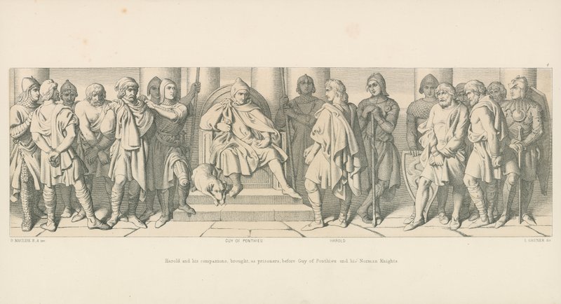 Harold y sus compañeros, llevados como prisioneros ante Guy de Ponthieu y sus caballeros normandos de Daniel Maclise