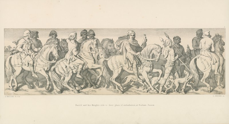 Harold y sus caballeros cabalgan hacia su lugar de embarque, en Bosham, Sussex de Daniel Maclise
