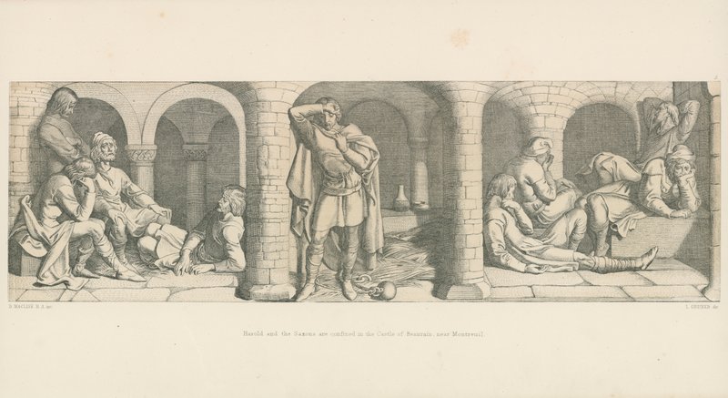 Harold y los sajones están confinados en el castillo de Beaurain, cerca de Montreuil de Daniel Maclise