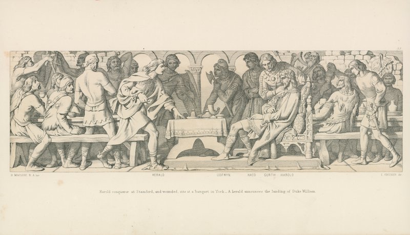 Harold conquistador en Stamford, y herido, se sienta en un banquete en York. Un heraldo anuncia el desembarco del Duque Guillermo de Daniel Maclise