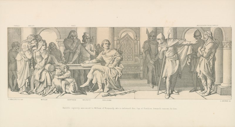 El cautiverio de Harold anunciado a Guillermo de Normandía, quien es informado de que Guy de Ponthieu exige un rescate por él de Daniel Maclise