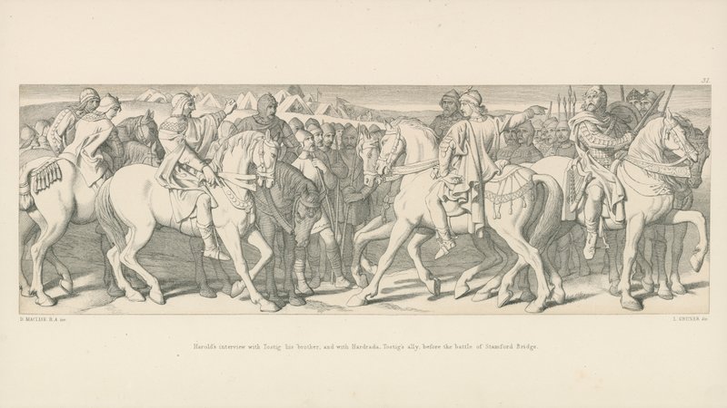Entrevista de Harold con Tostig su hermano, y con Hardrada, aliado de Tostig, antes de la Batalla de Stamford Bridge de Daniel Maclise