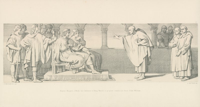 Hugues Maigrot, un monje, tiene audiencia con el Rey Harold, para proponer condiciones del Duque Guillermo de Daniel Maclise