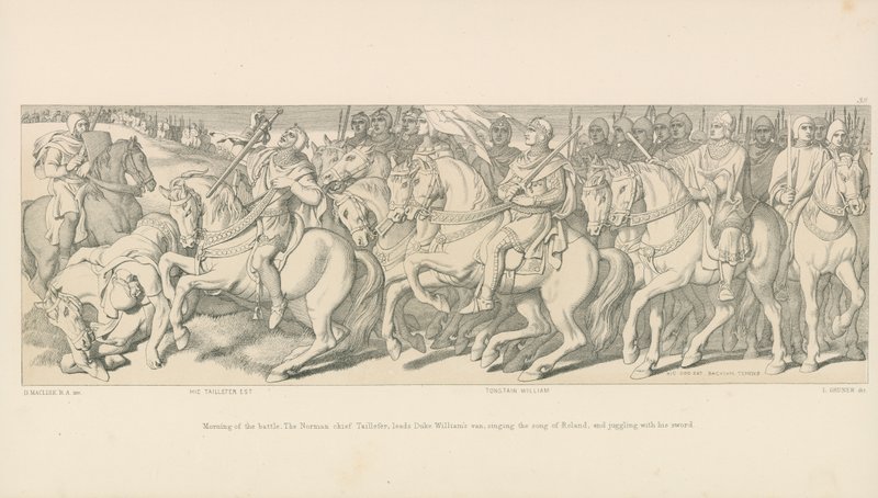 Mañana de la batalla. El jefe normando Taillefer, lidera la vanguardia del Duque Guillermo, cantando la Canción de Roland y haciendo malabares con su espada de Daniel Maclise