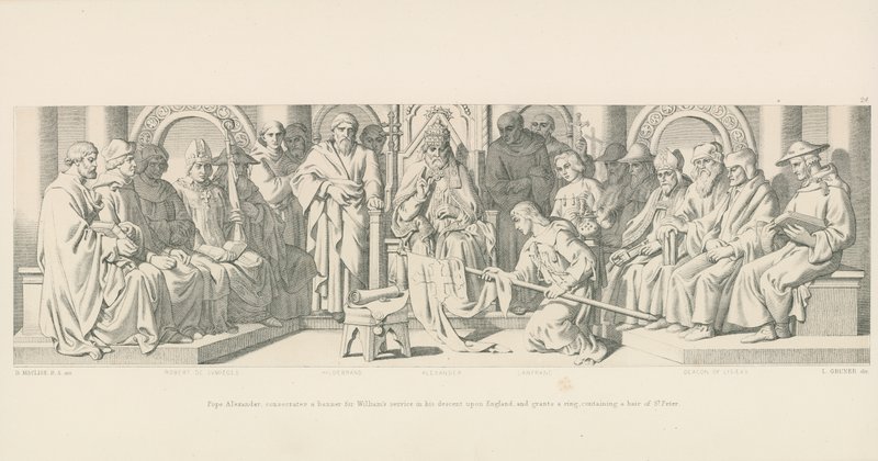 El Papa Alejandro consagra una bandera para el servicio de Guillermo en su descenso sobre Inglaterra y otorga un anillo que contiene un cabello de San Pedro de Daniel Maclise
