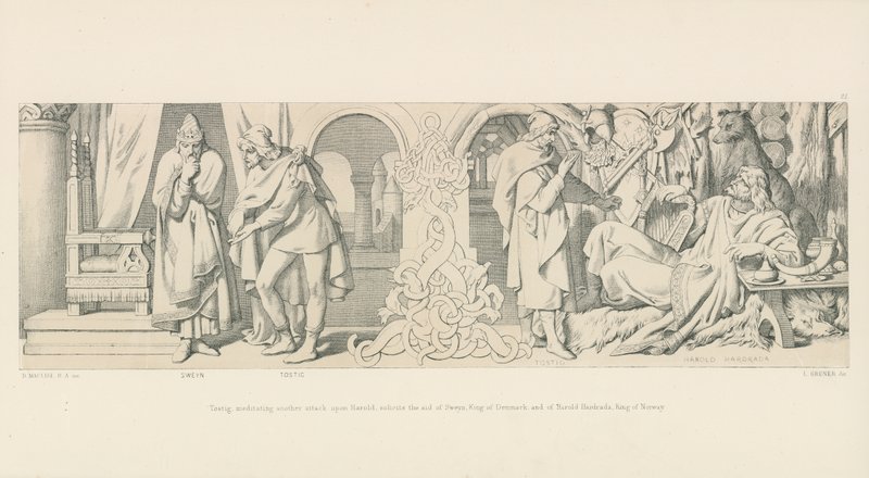 Tostig, meditando otro ataque contra Harold, solicita la ayuda de Sweyn, Rey de Dinamarca y de Harold Hardrada, Rey de Noruega de Daniel Maclise