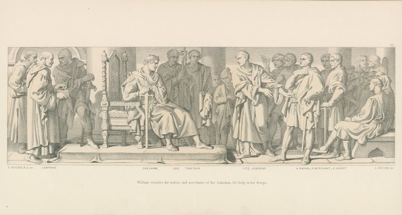 Guillermo consulta a los nobles y comerciantes de su ducado, para ayuda en su diseño de Daniel Maclise