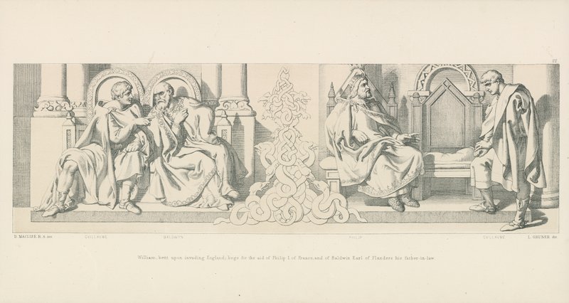 Guillermo, decidido a invadir Inglaterra; pide la ayuda de Felipe I de Francia y de Balduino Conde de Flandes su suegro de Daniel Maclise
