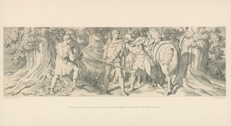 Guillermo, en su terreno de caza en Ruan, recibe noticias de Tostig sobre la coronación de Harold de Daniel Maclise