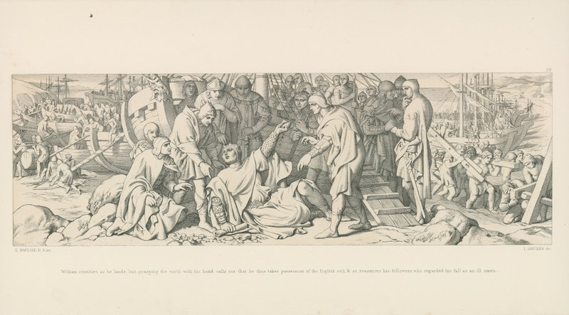 William tropieza al aterrizar, pero, agarrando la tierra con la mano, proclama que así toma posesión del suelo inglés, y así tranquiliza a sus seguidores, que consideraban su caída como un mal presagio de Daniel Maclise