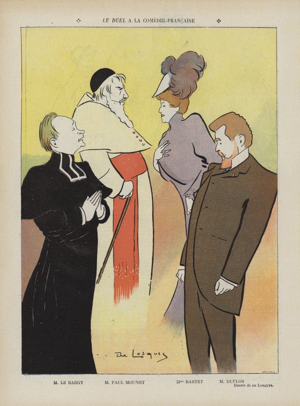 Producción de la obra Le Duel en la Comédie-Française. Ilustración para Le Rire de Daniel de Losques