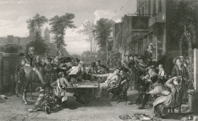 Pensionistas de Chelsea leyendo la gaceta de la Batalla de Waterloo de David (after) Wilkie