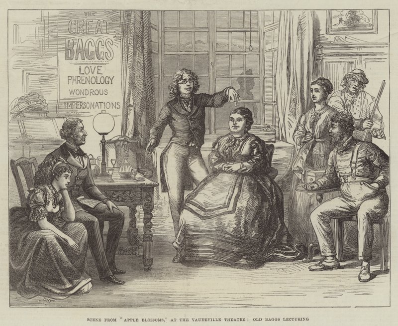 Escena de Apple Blossoms, en el Teatro Vaudeville, Old Baggs dando una conferencia de David Henry Friston