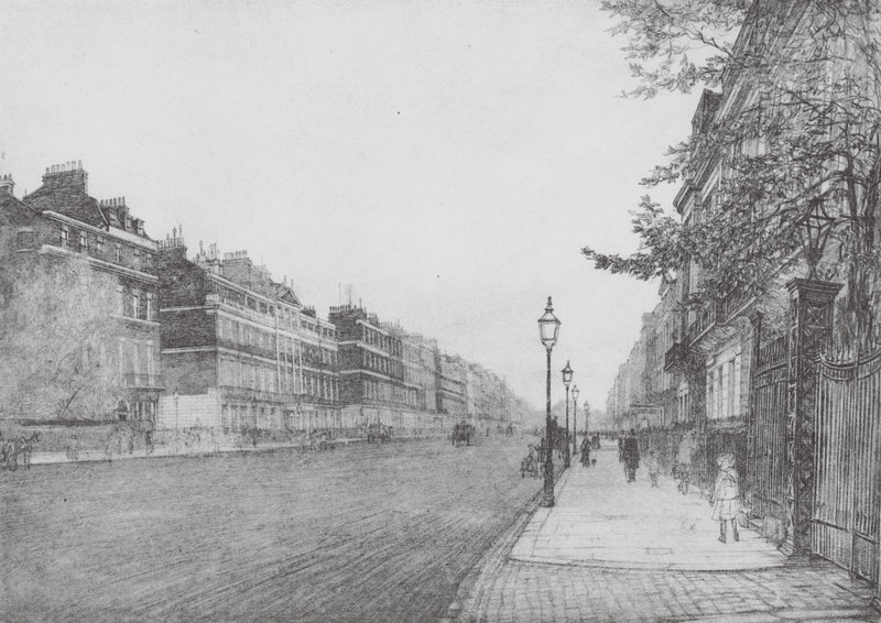 Londres: Portland Place (litografía en color) de David Muirhead (after) Bone