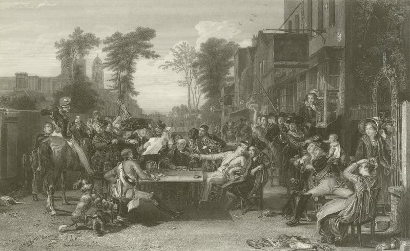 Pensionistas de Chelsea leyendo la Gaceta de la Batalla de Waterloo de David Wilkie