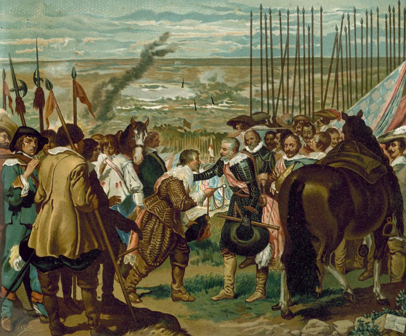 La rendición de Breda, Países Bajos, 1625 (cromolitografía) de Diego Velázquez