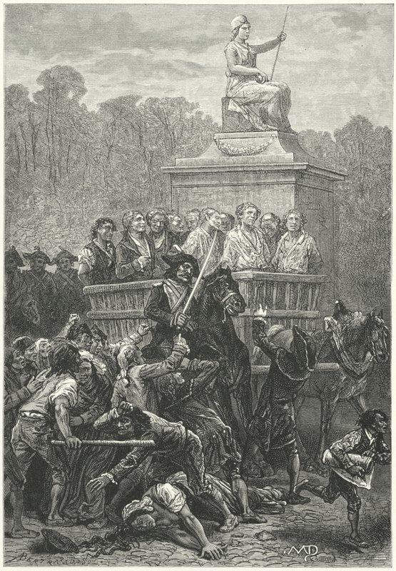 Un tumbril lleno de prisioneros camino de la guiilotina, Revolución Francesa (grabado) de Diogene Ulysse Napoleon Maillart