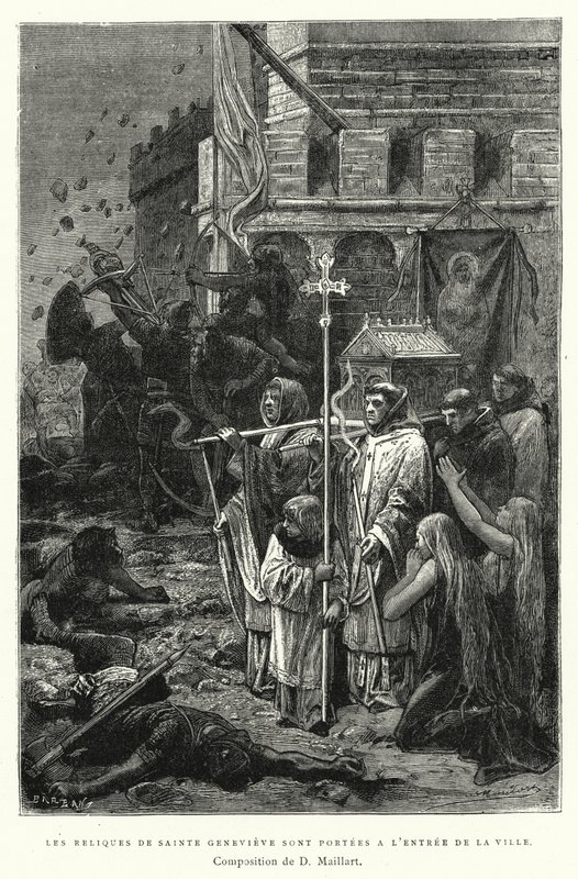 Las reliquias de Santa Genoveva son llevadas a la entrada de la ciudad (grabado) de Diogene Ulysse Napoleon Maillart