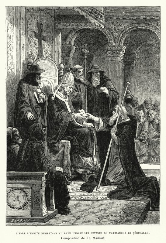 Pedro el Ermitaño entregando al papa Urbano las cartas del patriarca de Jerusalén de Diogene Ulysse Napoleon Maillart