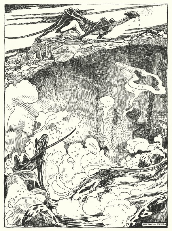"Vimos a los cachorros de dragón bajar al estanque a beber y limpiarse" (grabado) de Dion Clayton Calthrop