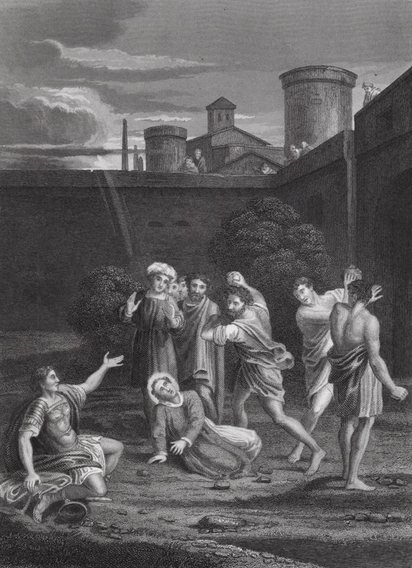 La lapidación de San Esteban, Hechos, cap. VII, vs 54, 60 (grabado) de Domenichino (1581 1641) (after)