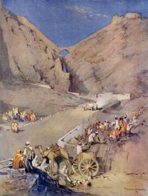 Llegada del Coche Blanco del Príncipe por la Grieta Extraña, Adén (litografía en color) de Donald (after) Maxwell