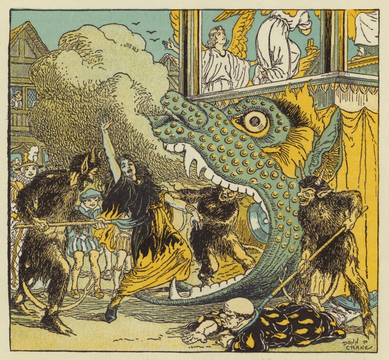 Obra de misterio como la que vio William Shakespeare de niño (litografía en color) de Donn P. Crane