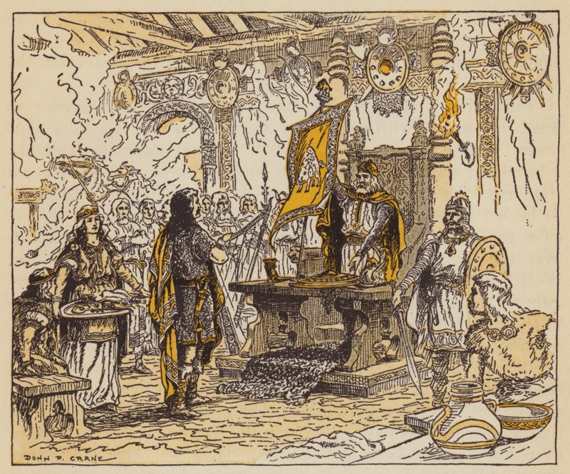 El rey premiando a Beowulf (litografía en color) de Donn P. Crane