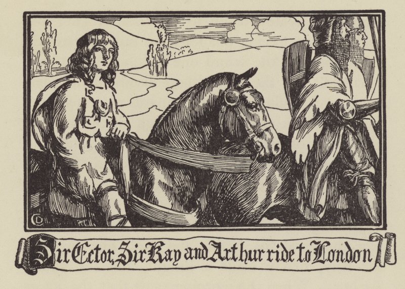 Sir Ector, Sir Kay y Arturo cabalgan hacia Londres de Dora Curtis