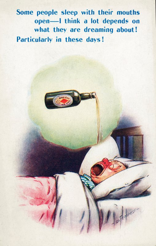 Alcoholismo: hombre durmiendo con la boca abierta soñando con cerveza (litografía en color) de Douglas Tempest