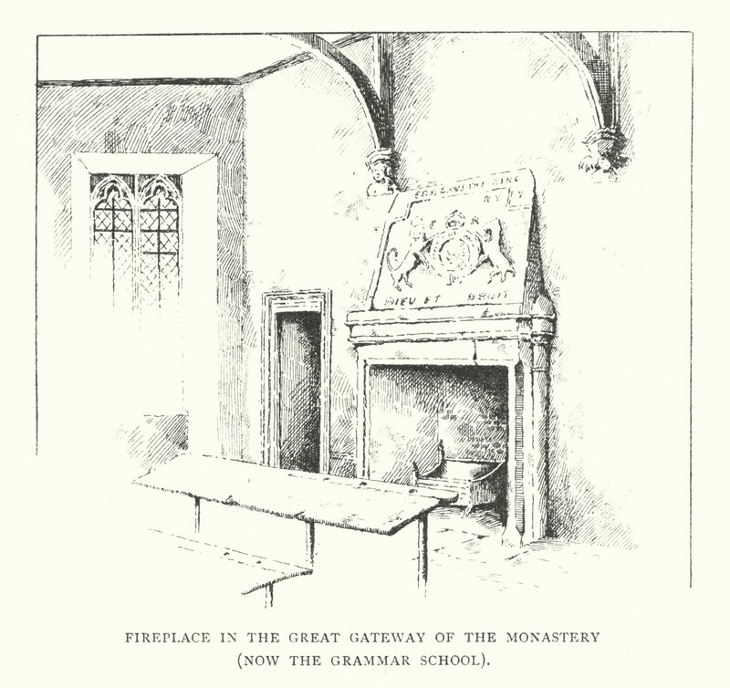 Chimenea en la Puerta Grat del Monasterio, hoy Escuela de Gramática (litografía) de Duncan Moul