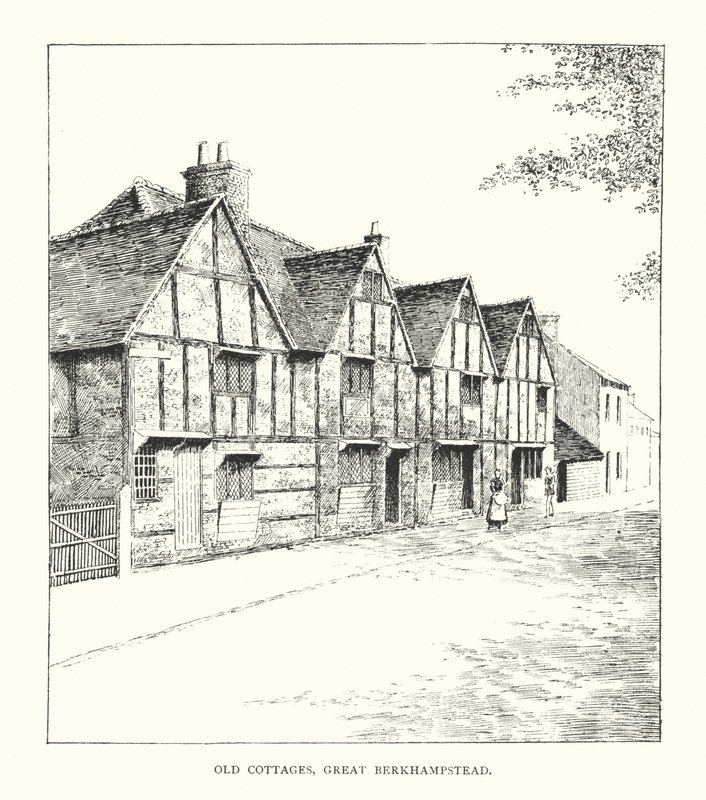 Old Cottages, Great Berkhampstead (litografía) de Duncan Moul