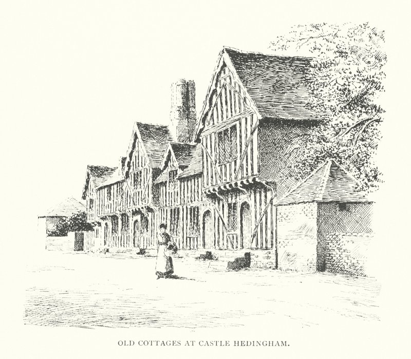 Old Cottages en Castle Hedingham (litografía) de Duncan Moul