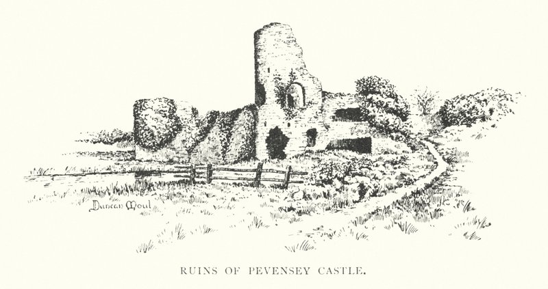 Ruinas del castillo de Pevensey (litografía) de Duncan Moul