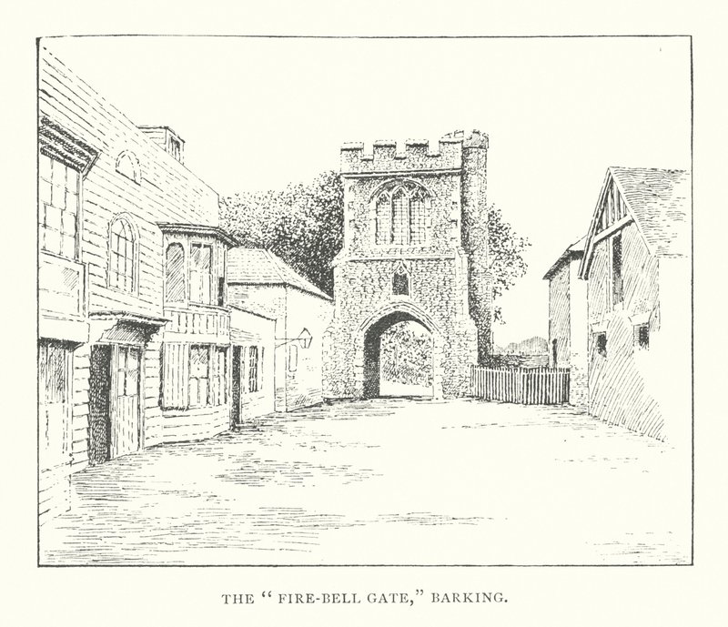 La "Puerta de la Campana de Fuego", Barking (litografía) de Duncan Moul