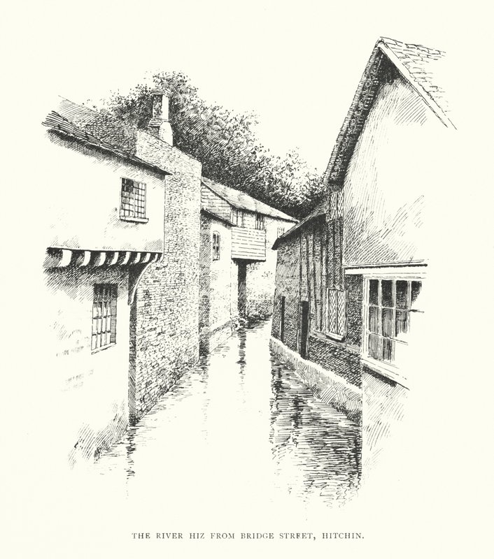 El río Hiz desde Bridge Street, Hitchin (litografía) de Duncan Moul