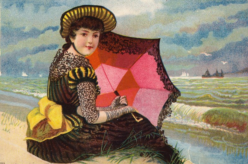 Niña holandesa, con parasol, junto al mar de Dutch School