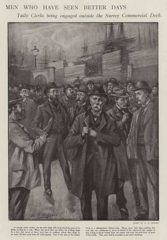 Hombres que han visto mejores días: empleados de tally siendo contratados fuera del Surrey Commercial Dock, Londres de E. S. (after) Hodgson