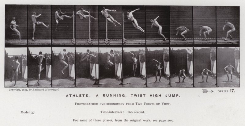 La figura humana en movimiento: Atleta, salto alto con giro corriendo de Eadweard Muybridge