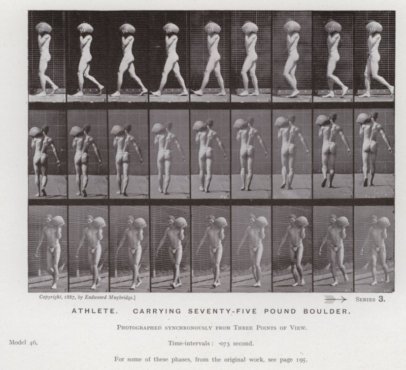 La figura humana en movimiento: Atleta, cargando una roca de setenta y cinco libras de Eadweard Muybridge