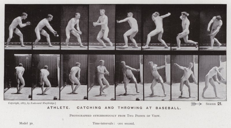 La figura humana en movimiento: Atleta, atrapando y lanzando en béisbol de Eadweard Muybridge